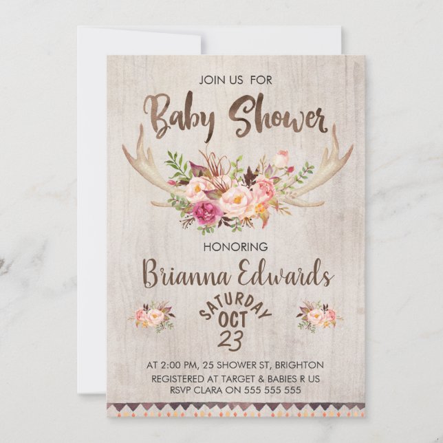 Invitación a Baby Shower de Boho Floral Antlers (Anverso)