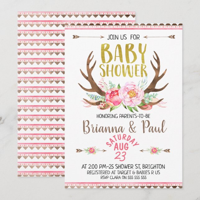 Invitación a Baby Shower de Boho Floral Antlers ch (Anverso / Reverso)