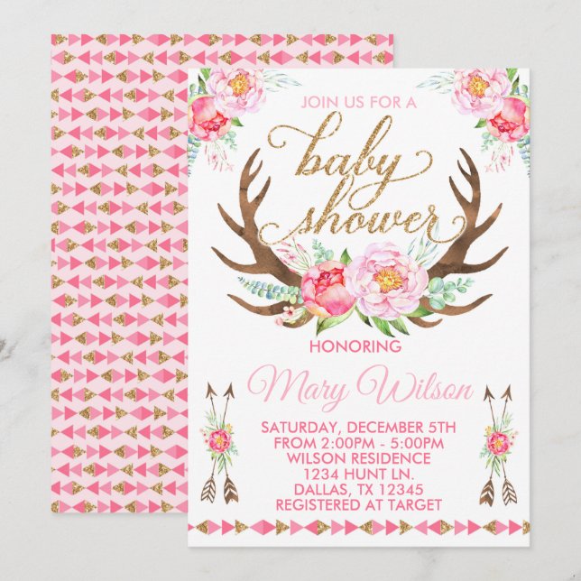 Invitación a Baby Shower de Boho Floral Deer Antle (Anverso / Reverso)