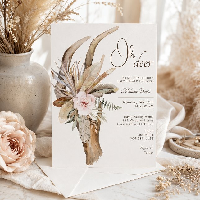 Invitación a Baby Shower de Boho Floral Deer - Wat (Rustic Boho Baby Shower Invitation

)
