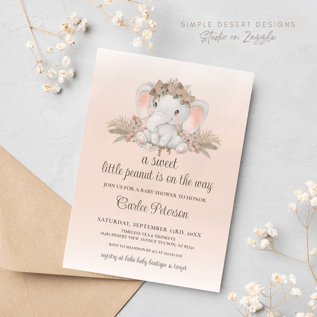 Invitación a Baby Shower de Boho Floral Elephant (Blush Pink Boho Floral Elephant Baby Shower Invitation for Gender Neutral Boy or Girl Baby Shower)
