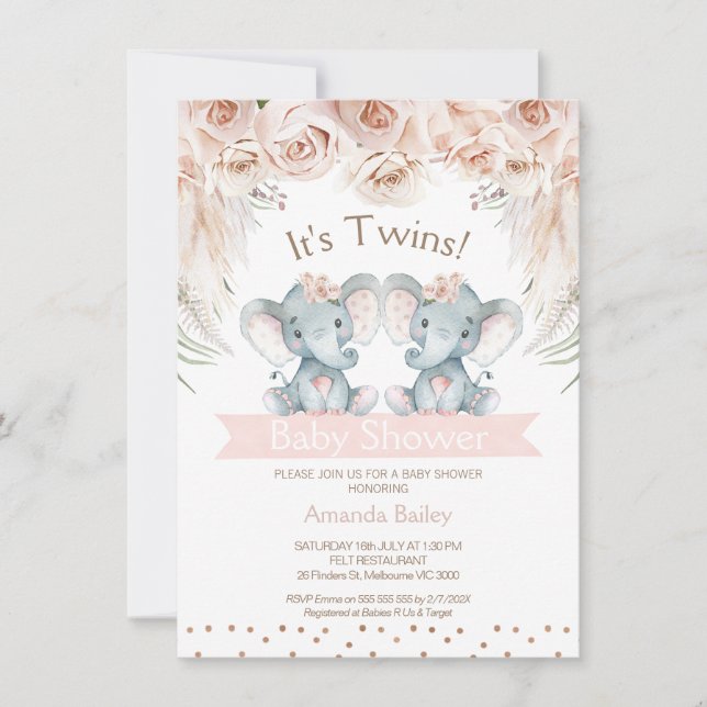 Invitación a Baby Shower de Boho Floral Twin Eleph (Anverso)