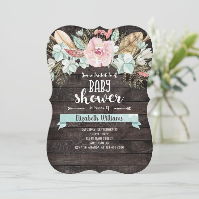 Invitación a Baby Shower de Boho Flowers Wood (Anverso de pie)