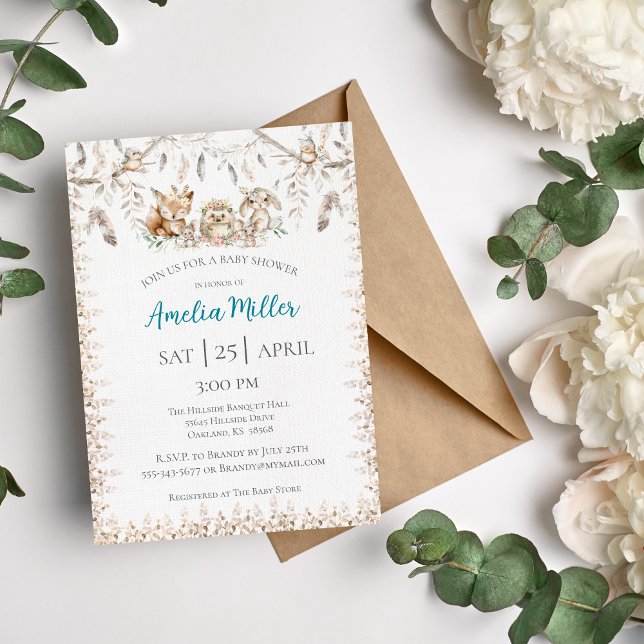 Invitación a Baby Shower de Boho Forest Animal (Woodland Babies Boho Forrest Baby Shower Invitation)