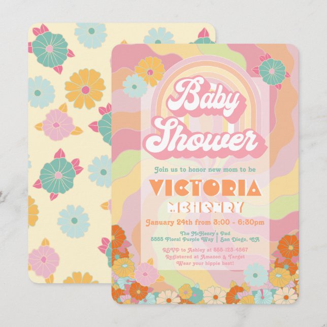 Invitación a Baby Shower de Boho Hippie Rainbow Fl (Anverso / Reverso)