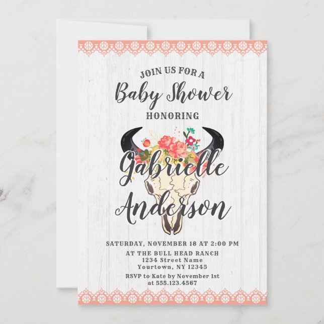 Invitación a Baby Shower de Boho Moda Cow Skull Fl (Anverso)