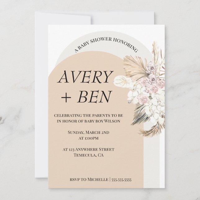 Invitación a Baby Shower de Boho Neutral Pampas Gr (Anverso)