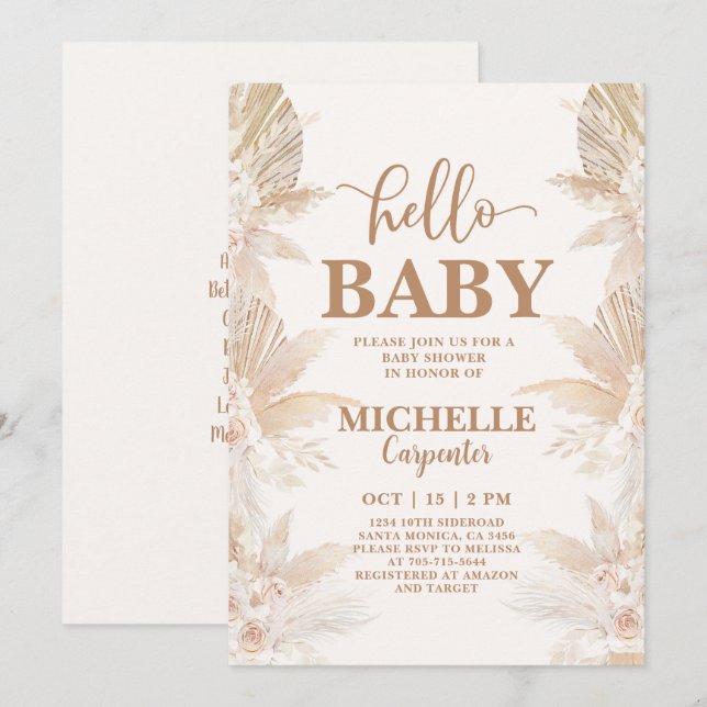 Invitación a Baby Shower de Boho Pampas (Anverso / Reverso)