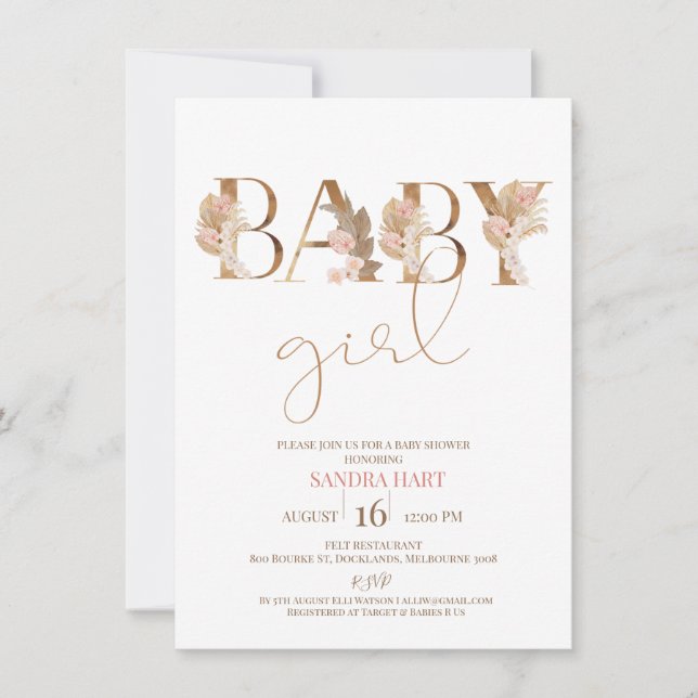 Invitación a Baby Shower de Boho Pampas (Anverso)