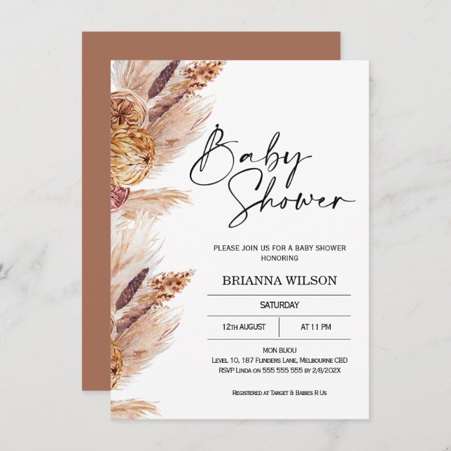 Invitación a Baby Shower de Boho Pampas Grass (Anverso / Reverso)