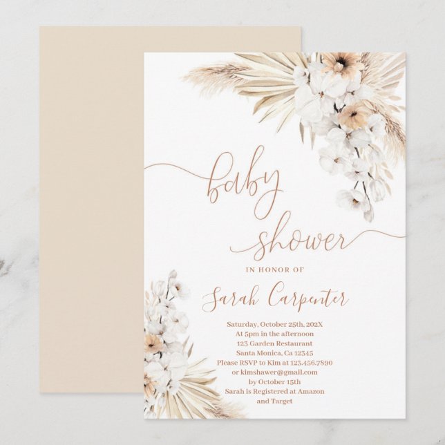 Invitación a Baby Shower de Boho Pampas Grass (Anverso / Reverso)