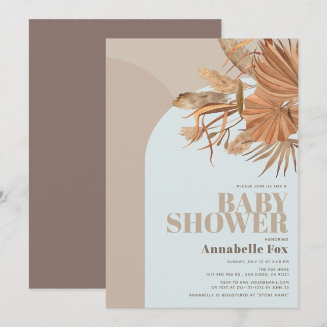 Invitación a Baby Shower de Boho Pampas Grass Blue (Anverso / Reverso)