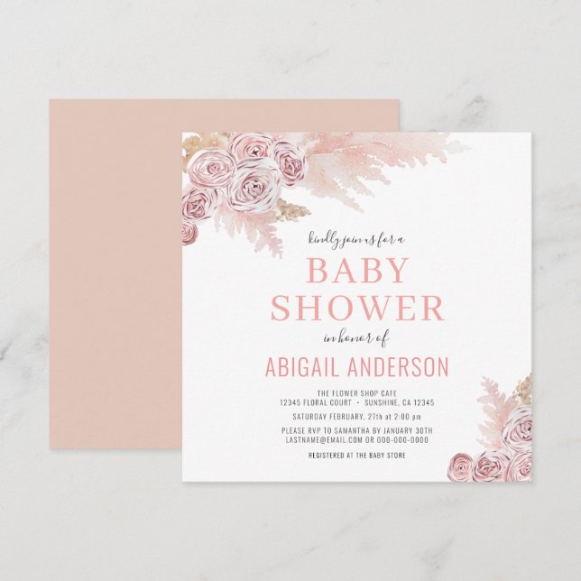 Invitación a Baby Shower de Boho Pampas Grass Flor (Anverso / Reverso)