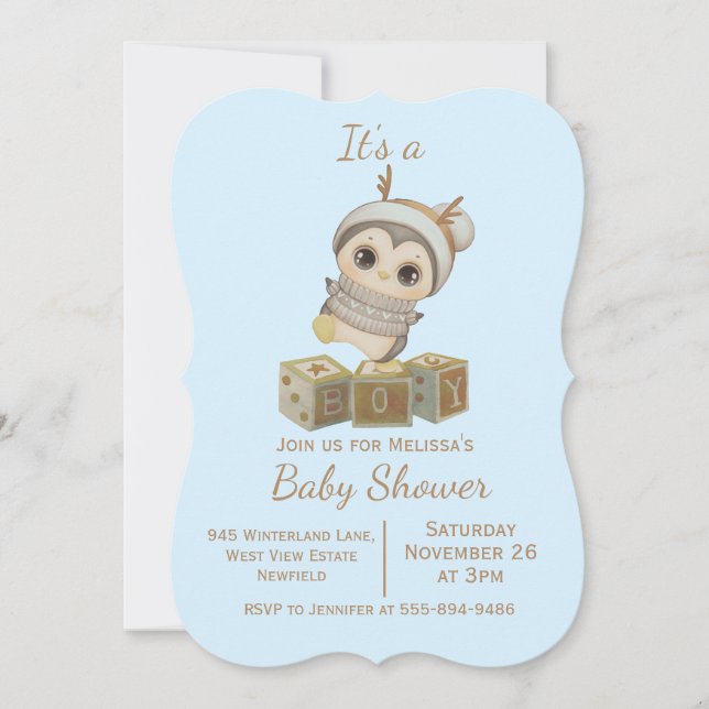 Invitación a Baby Shower de Boho Penguin Boy (Anverso)