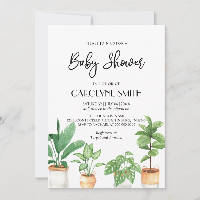 Invitación a Baby Shower de Boho Potted Plants (Anverso)