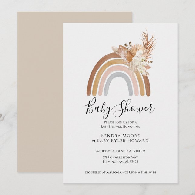 Invitación a Baby Shower de Boho Rainbow Pompas (Anverso / Reverso)