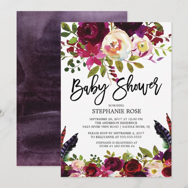 Invitación a Baby Shower de Boho Rosa Purple Flora (Anverso / Reverso)