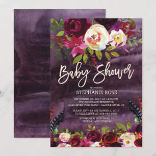Invitación a Baby Shower de Boho Rosa Purple Flora
