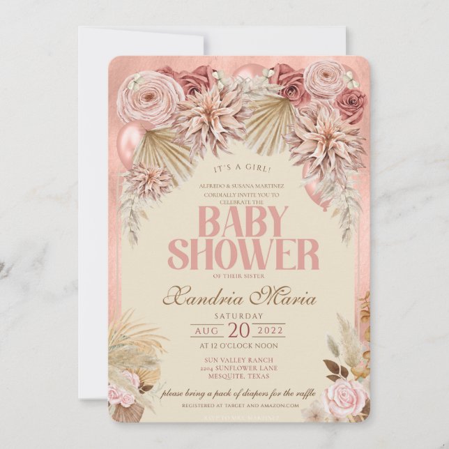 Invitación a Baby Shower de Boho Rubor Beige Dried (Anverso)