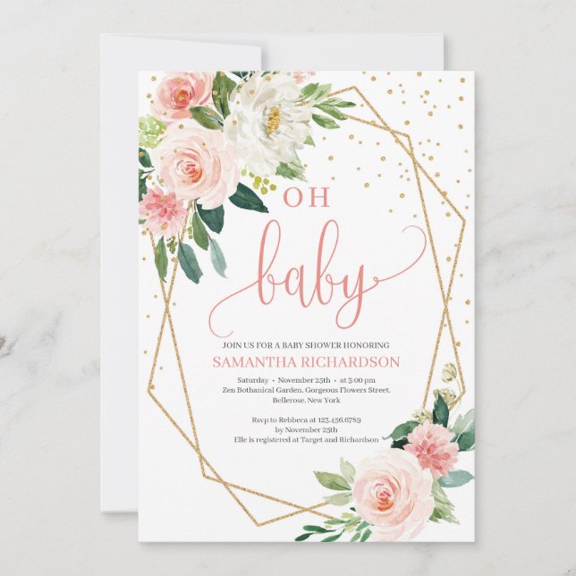 Invitación a Baby Shower de Boho Rubor Pink Floral (Anverso)