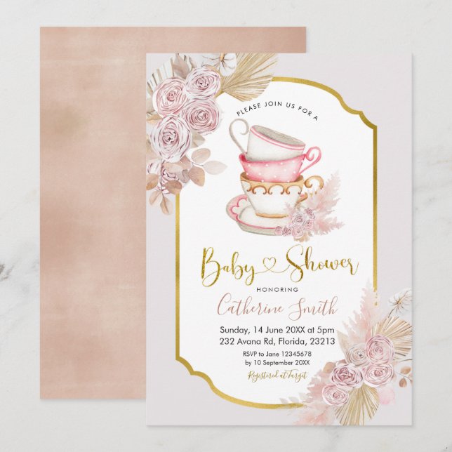 Invitación a Baby Shower de Boho Tea Fiesta (Anverso / Reverso)