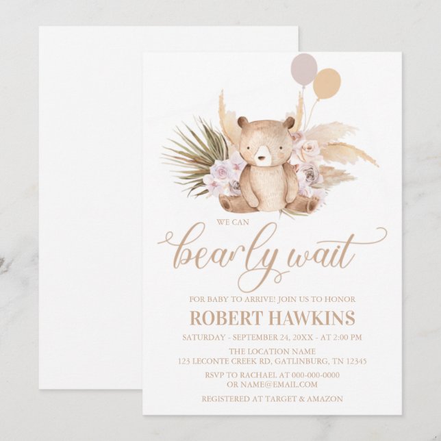 Invitación a Baby Shower de Boho Teddy Bear (Anverso / Reverso)