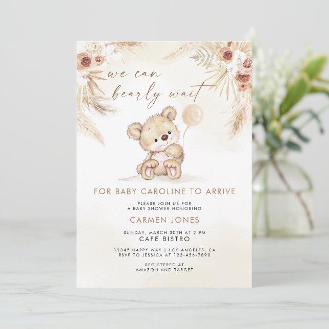 Invitación a Baby Shower de Boho Teddy Bear Pampas (Anverso de pie)