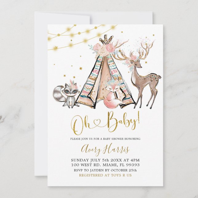 Invitación a Baby Shower de Boho Teepee Pink Flora (Anverso)
