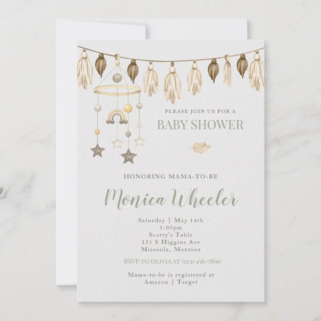 Invitación a Baby Shower de Boho Watercolor (Anverso)