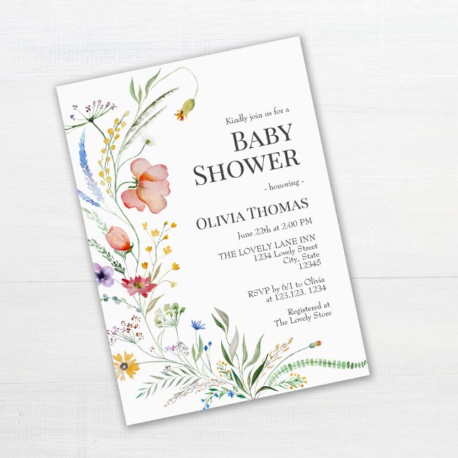 Invitación a Baby Shower de Boho Watercolor Wildfl (Boho Watercolor Wildflowers Baby Shower Invitation on white table)