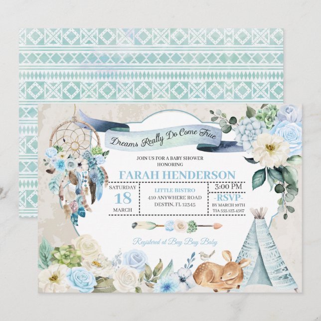 Invitación a Baby Shower de Boho Woodland Dreamcat (Anverso / Reverso)