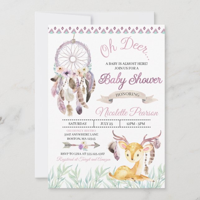 Invitación a Baby Shower de Boho Woodland Purple (Anverso)