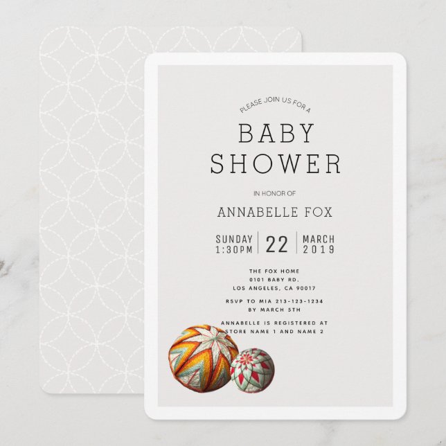 Invitación a Baby Shower de bolas de hilo bordadas (Anverso / Reverso)