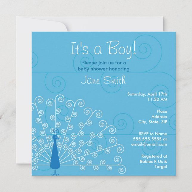 Invitación a Baby Shower de Bonito Boy Peacock (Anverso)