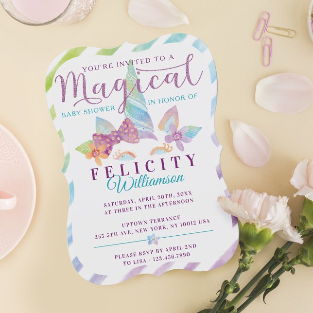 Invitación a Baby Shower de bonito Chica de unicor (Pretty Unicorn Girl Floral Baby Shower Invitation)