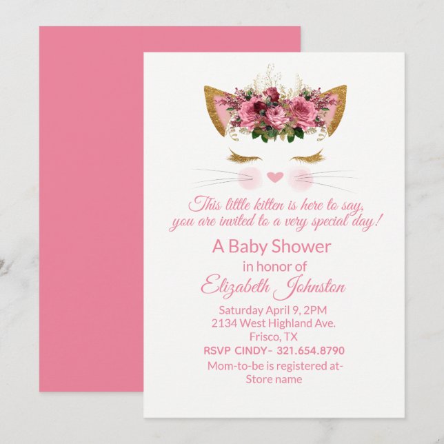 Invitación a Baby Shower de Bonito Kitty (Anverso / Reverso)
