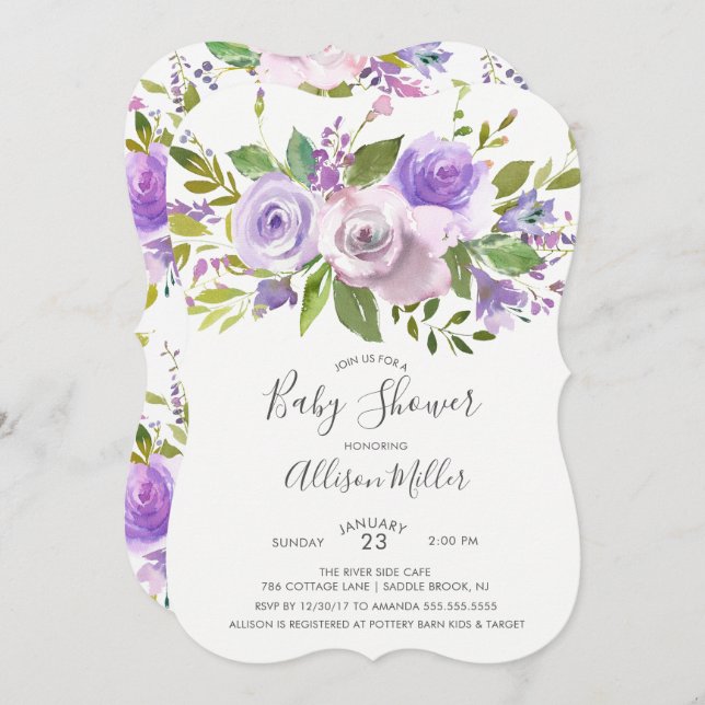 Invitación a Baby Shower de bonito Lavender Floral (Anverso / Reverso)