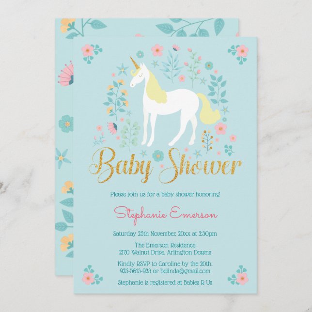 Invitación a Baby Shower de bonito Unicorn Gold Pu (Anverso / Reverso)