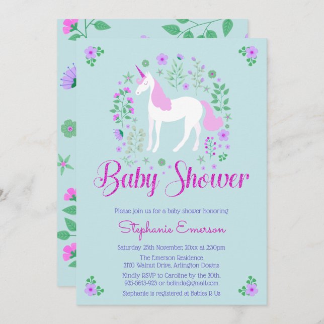Invitación a Baby Shower de bonito Unicorn Pink Aq (Anverso / Reverso)