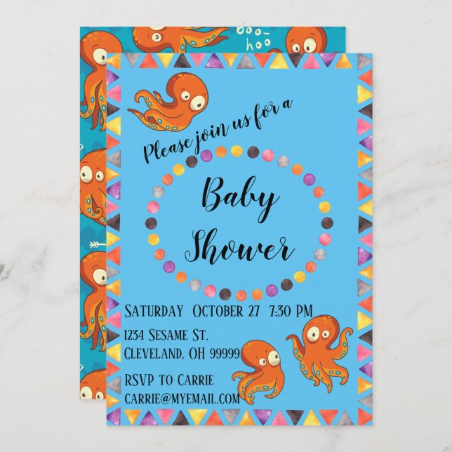 Invitación a Baby Shower de Boo Octopus Naranja (Anverso / Reverso)