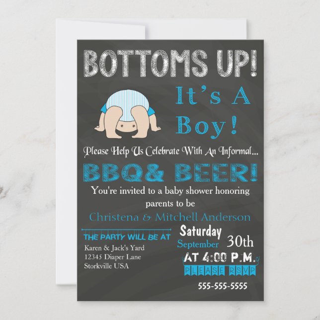 Invitación a Baby Shower de Bottoms Up BBBQ (Azul) (Anverso)