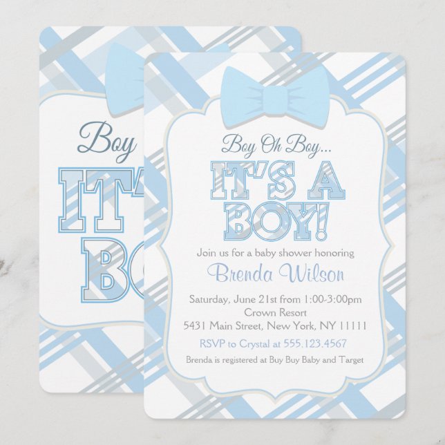 Invitación a Baby Shower de Bow-Tie y Blue Plaid (Anverso / Reverso)