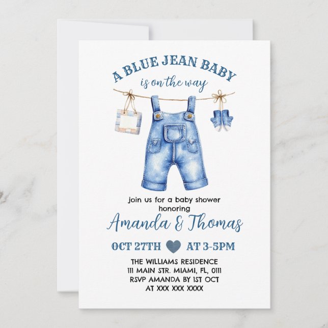 Invitación a Baby Shower de Boy Blue Jean (Anverso)
