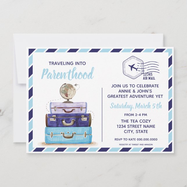 Invitación a Baby Shower de Boy Blue Travel (Anverso)