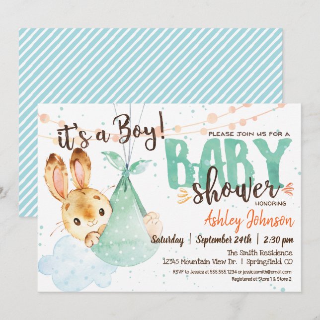 Invitación a Baby Shower de Boy Bunny (Anverso / Reverso)