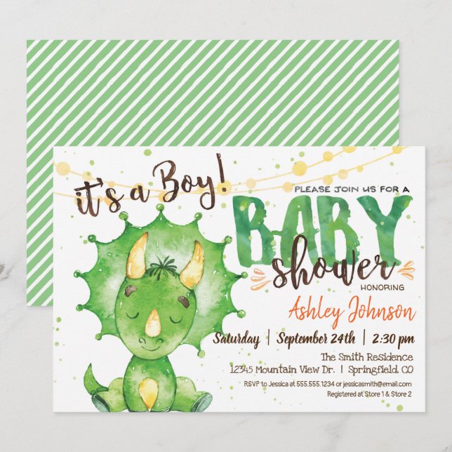 Invitación a Baby Shower de Boy Dinosuar (Anverso / Reverso)