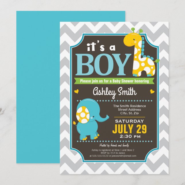 Invitación a Baby Shower de boy Elephant and Giraf (Anverso / Reverso)