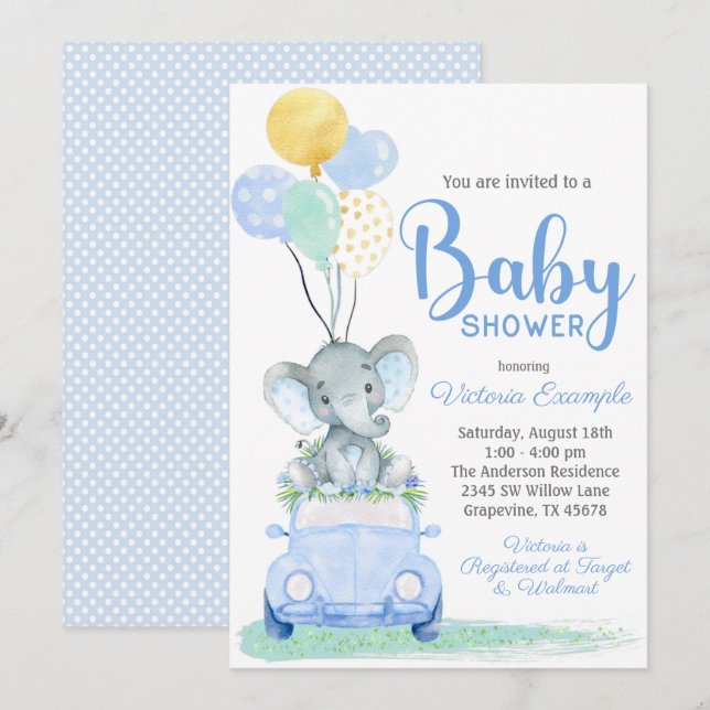 Invitación a Baby Shower de Boy Elephant Car (Anverso / Reverso)