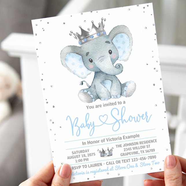 Invitación a Baby Shower de Boy Elephant Prince (Boy cute elephant baby shower invitation. Instant download and printed invitations available.)