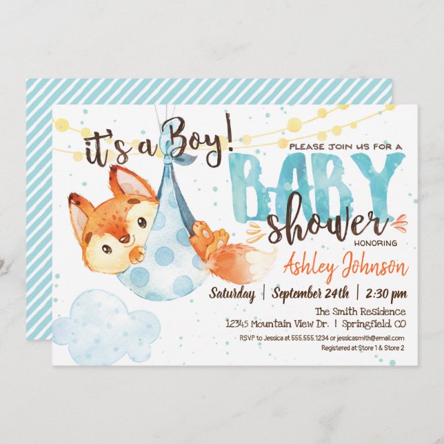Invitación a Baby Shower de Boy Fox (Anverso / Reverso)